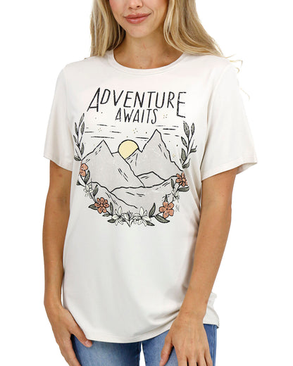 front view stock shot of adventure awaits graphic tee