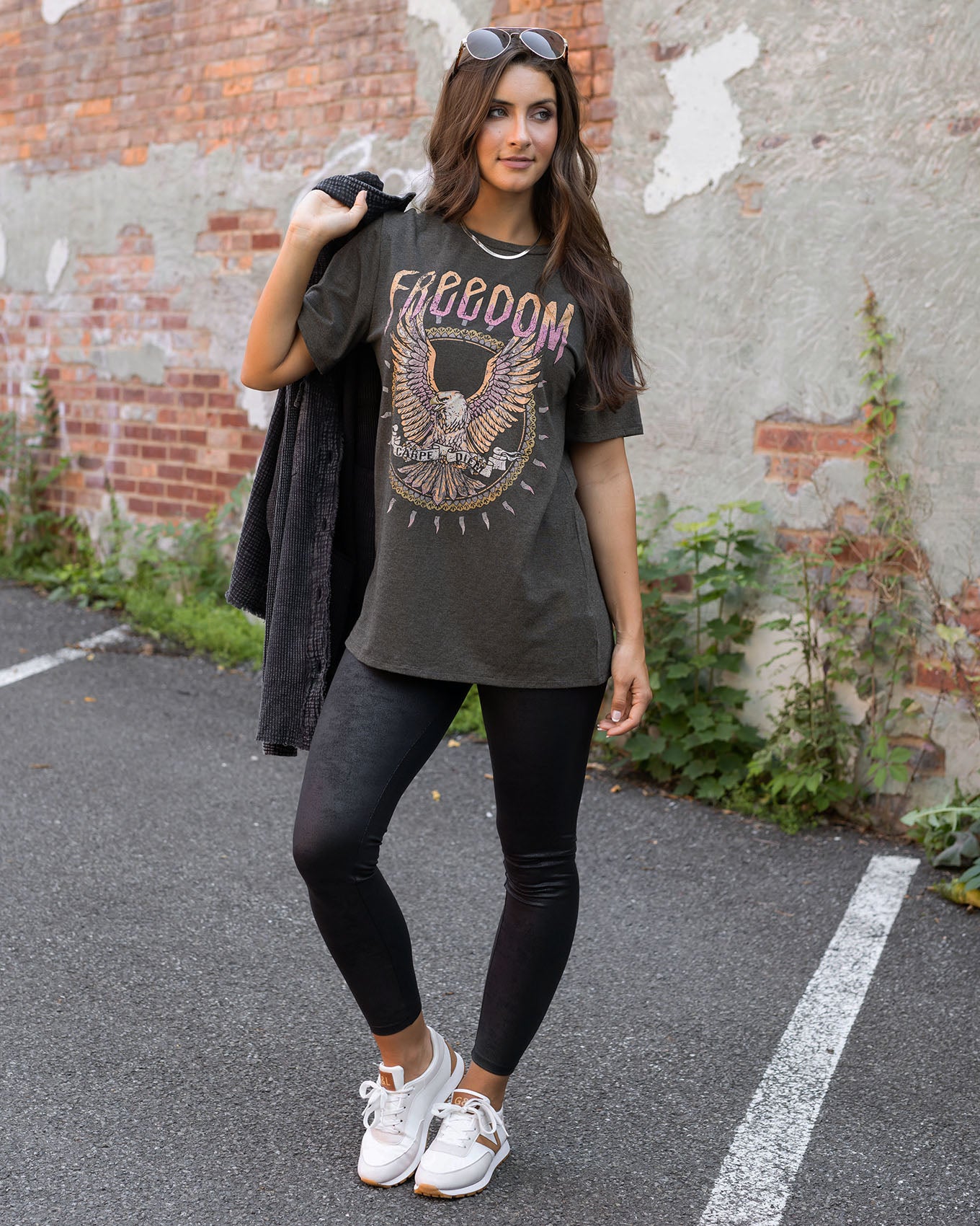 Full body view of Girlfriend Fit Graphic Tee - Freedom