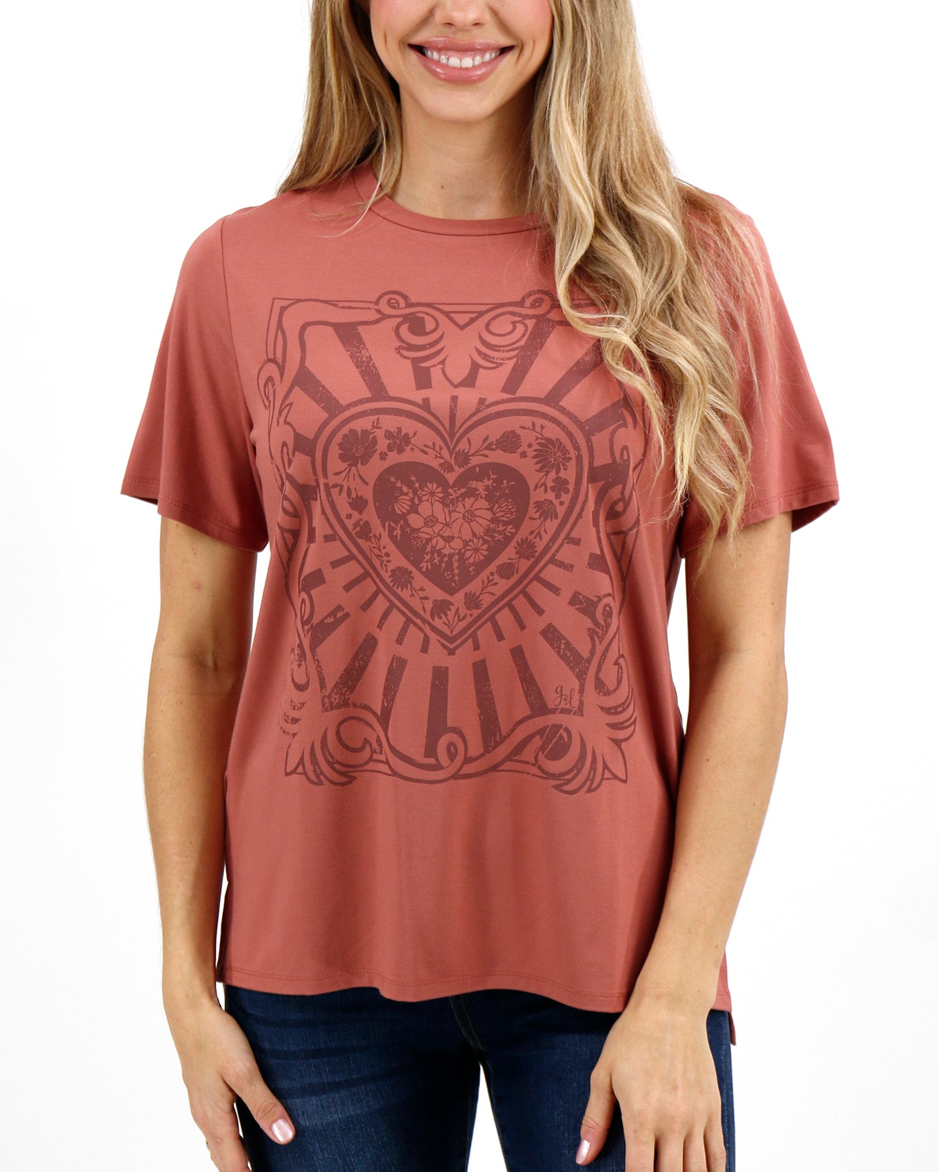 front view stock shot of retro heart graphic tee
