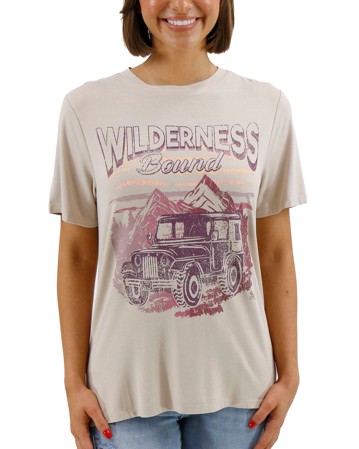 Front stock shot of Wilderness Bound Side Slit Girlfriend Fit Graphic Tee