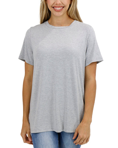 front view stock shot girlfriend fit basic tee in light heathered grey