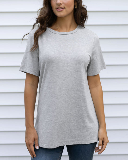 front view girlfriend fit basic tee in light heathered grey