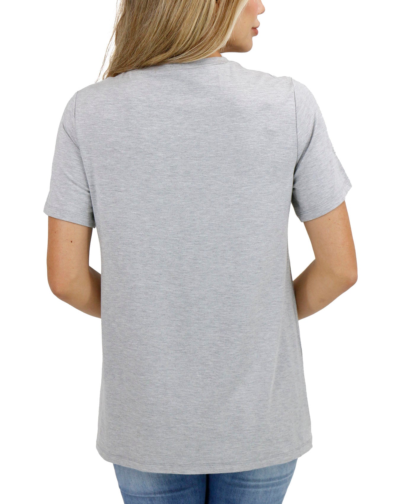 back view stock shot girlfriend fit basic tee in light heathered grey