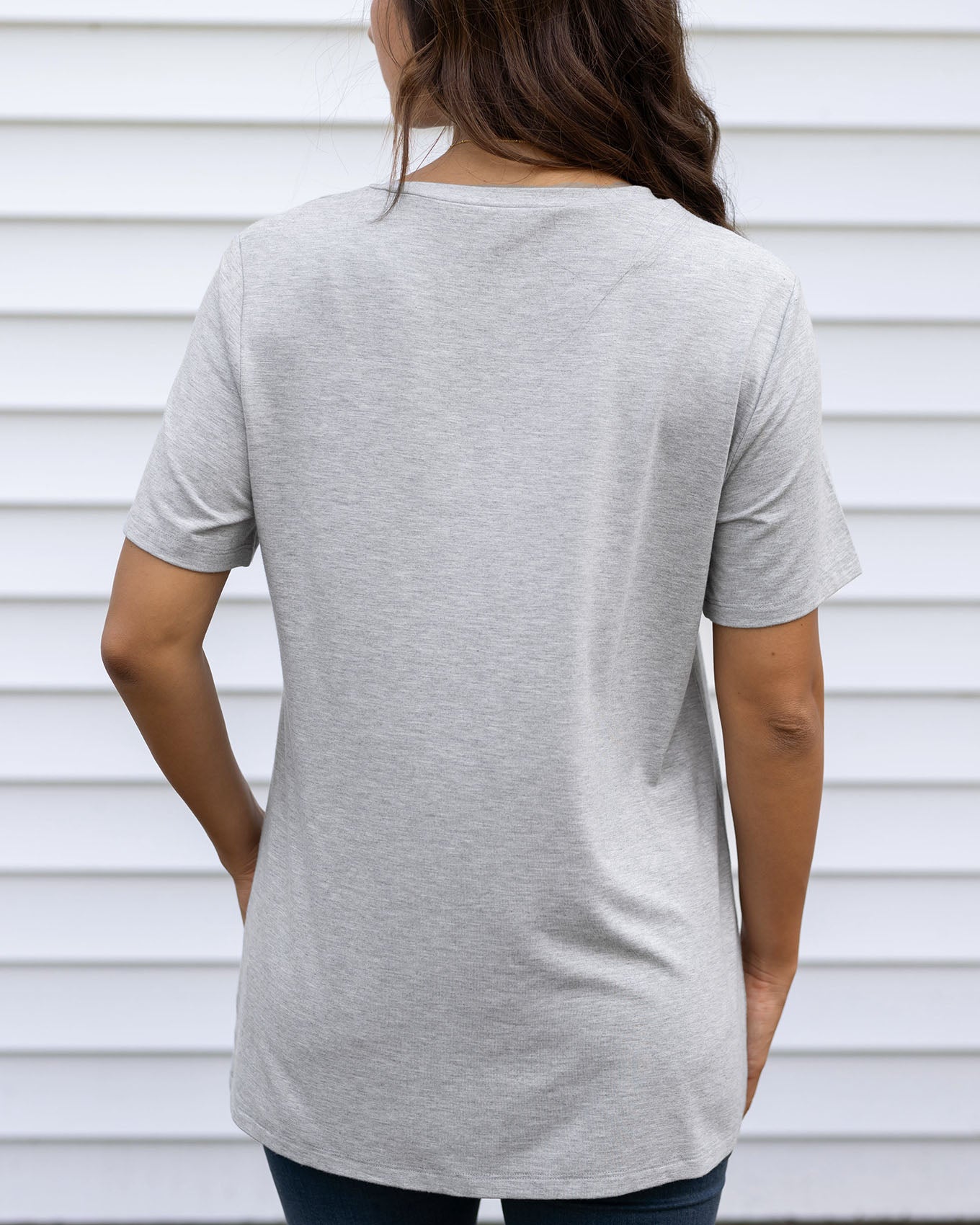 back view girlfriend fit basic tee in light heathered grey