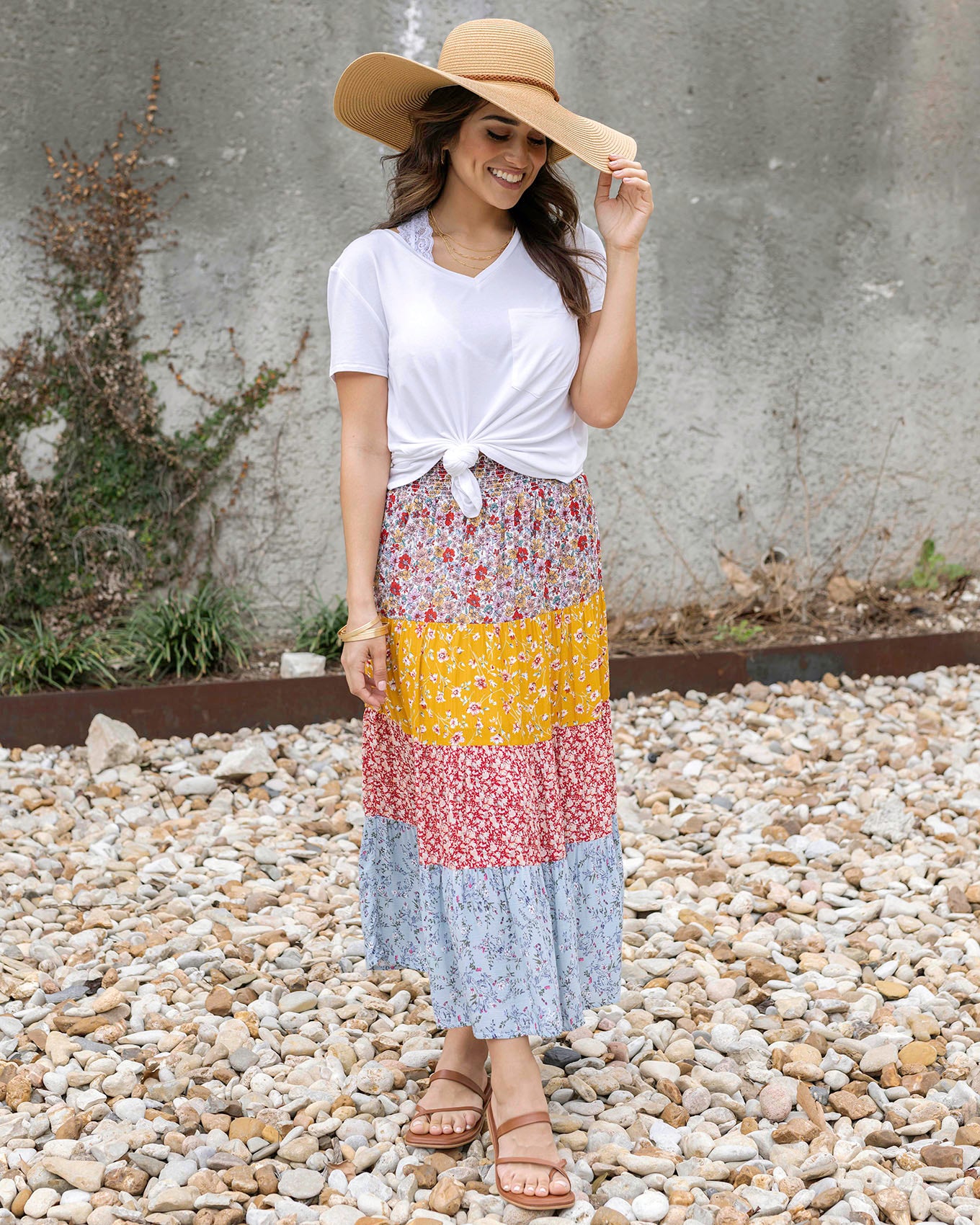 Full body view of Floral Patchwork Go-To Tiered Skirt