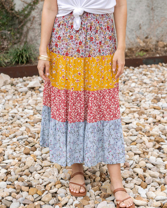 Front view of Floral Patchwork Go-To Tiered Skirt