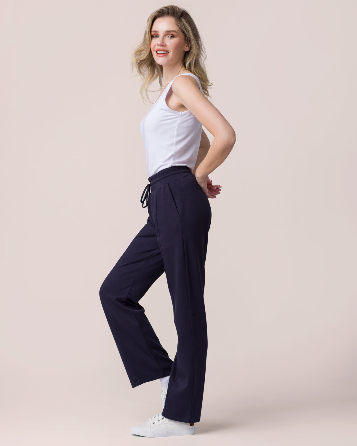 Navy Blue Scuba Pants with pockets side view