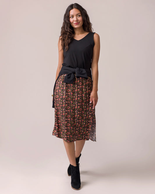 Satin Midi Black Ditsy Floral Skirt with Black Tank