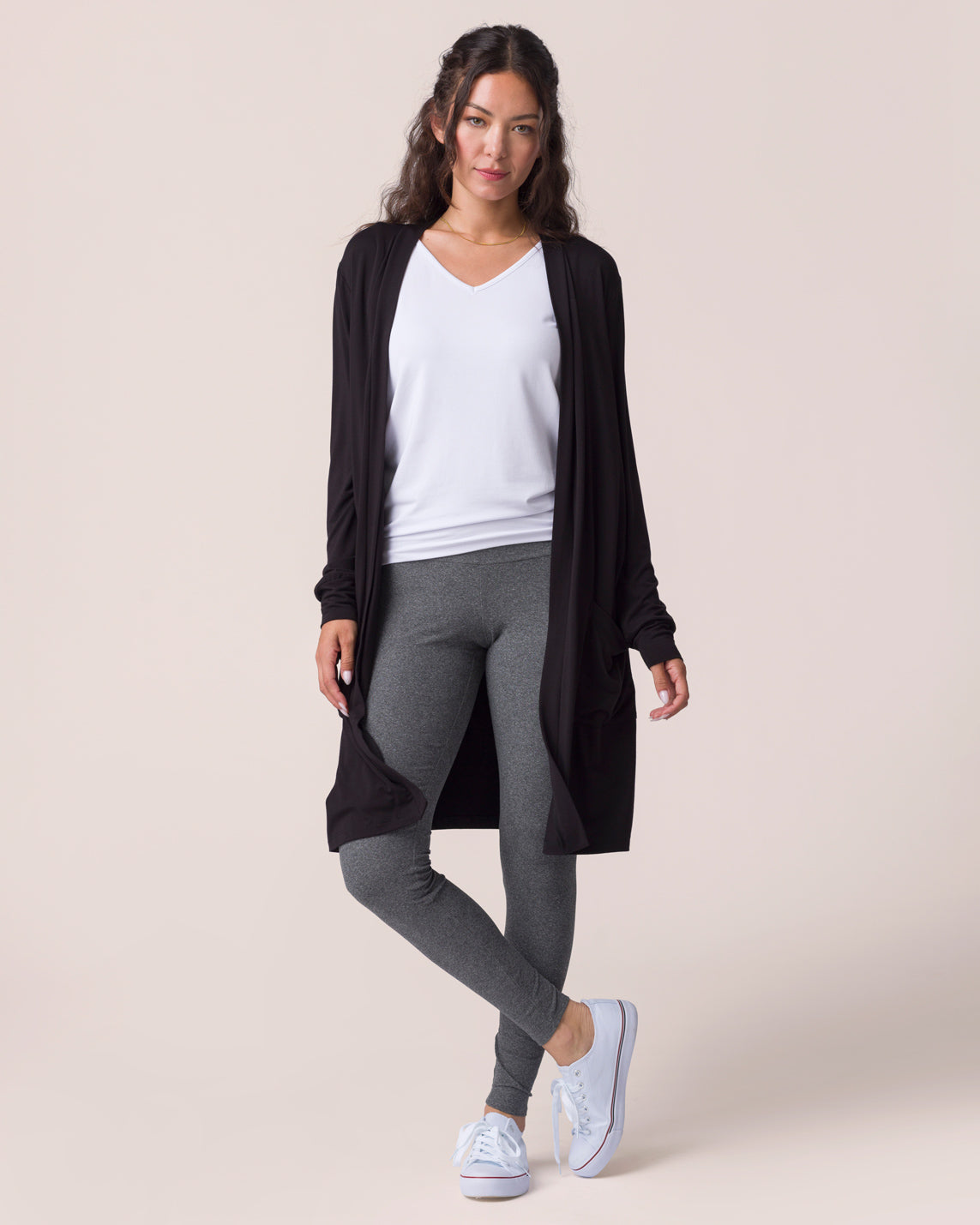 Midweight Daily Leggings in Heathered Charcoal with white tank top with Black Cardigan G&L