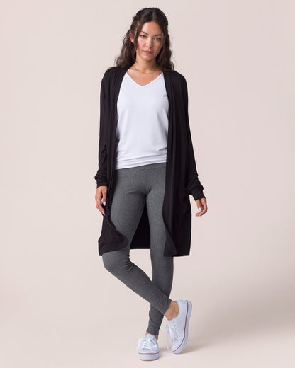 Midweight Daily Leggings in Heathered Charcoal with white tank top with Black Cardigan G&L