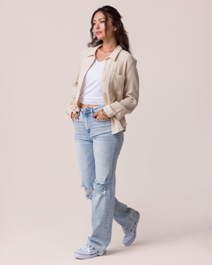 Effortless Button-Up in Natural on model with white tank
