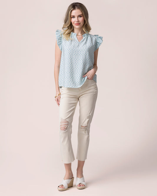 Effortless Ruffle Collar Top in Coastal Calm