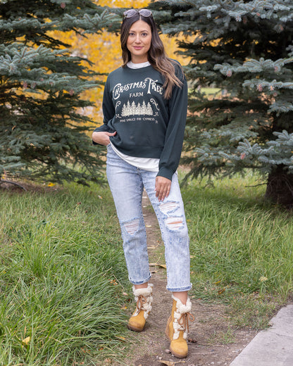 full body view of christmas tree farm graphic sweatshirt