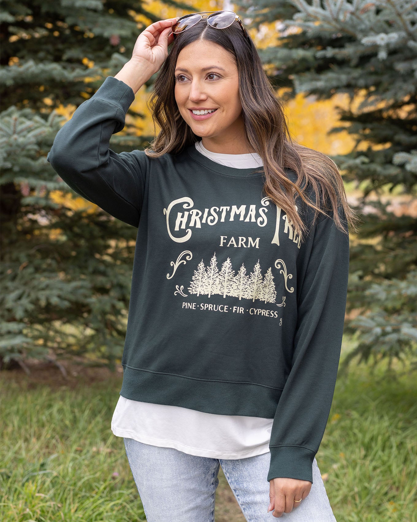 close up view of christmas tree farm graphic sweatshirt