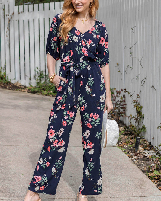 Front view of Hello Spring Floral Jumpsuit