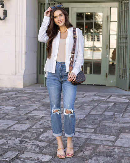 Styled view of Soft White Linen Button Up Day Shirt