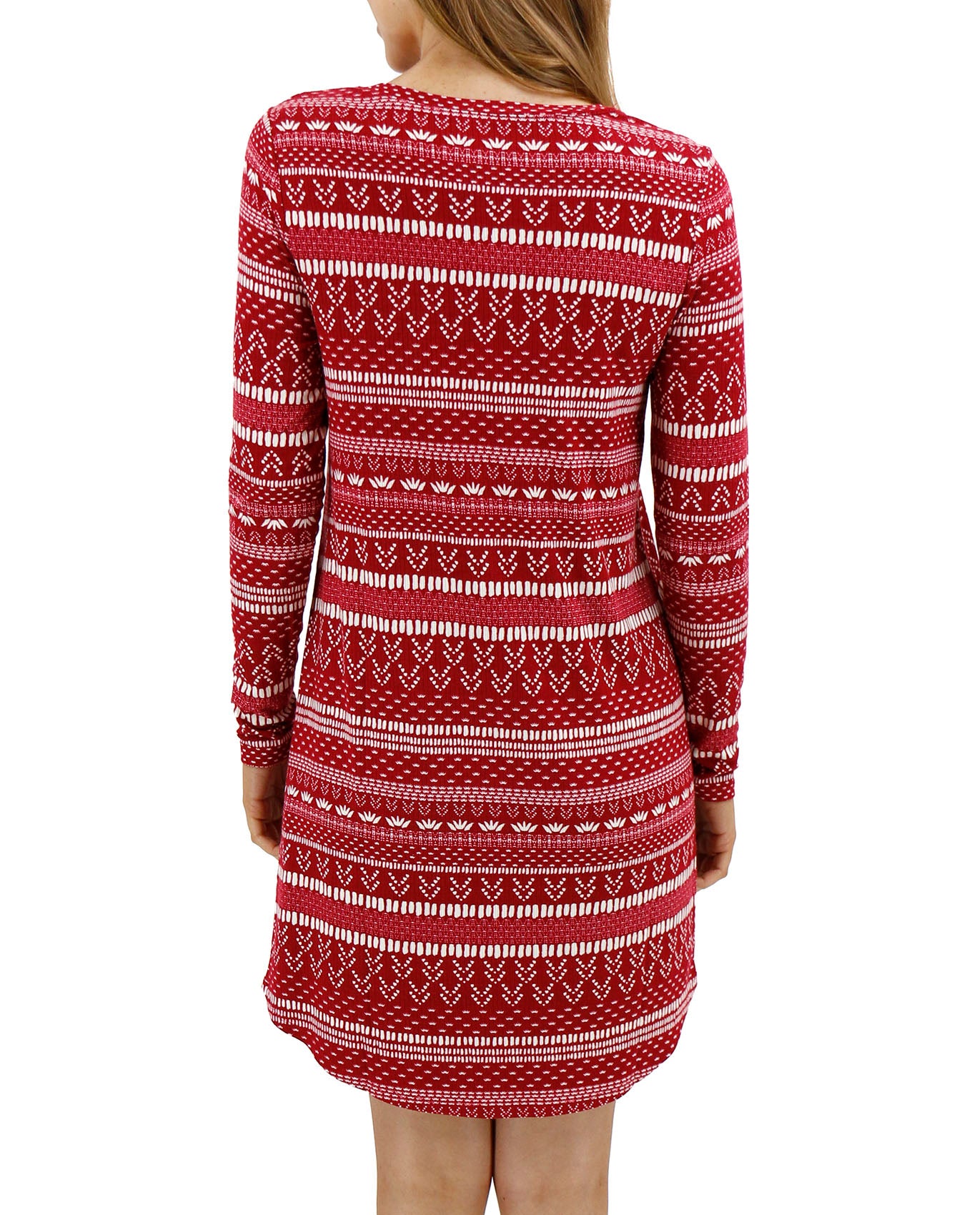 Back view stock shot of Red/White Intarsia Holiday Sleep Shirt Dress