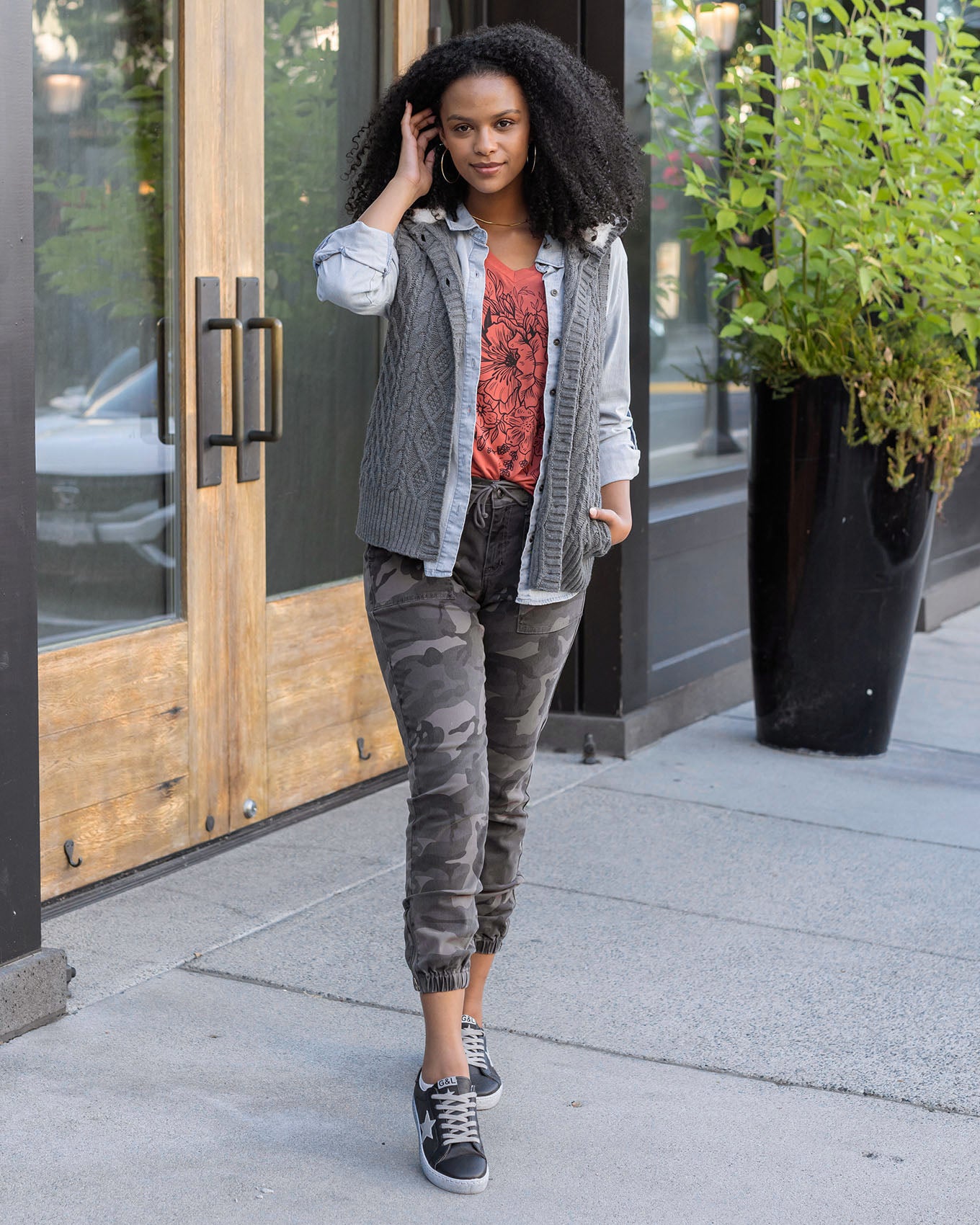 full body view charcoal hooded cable knit vest