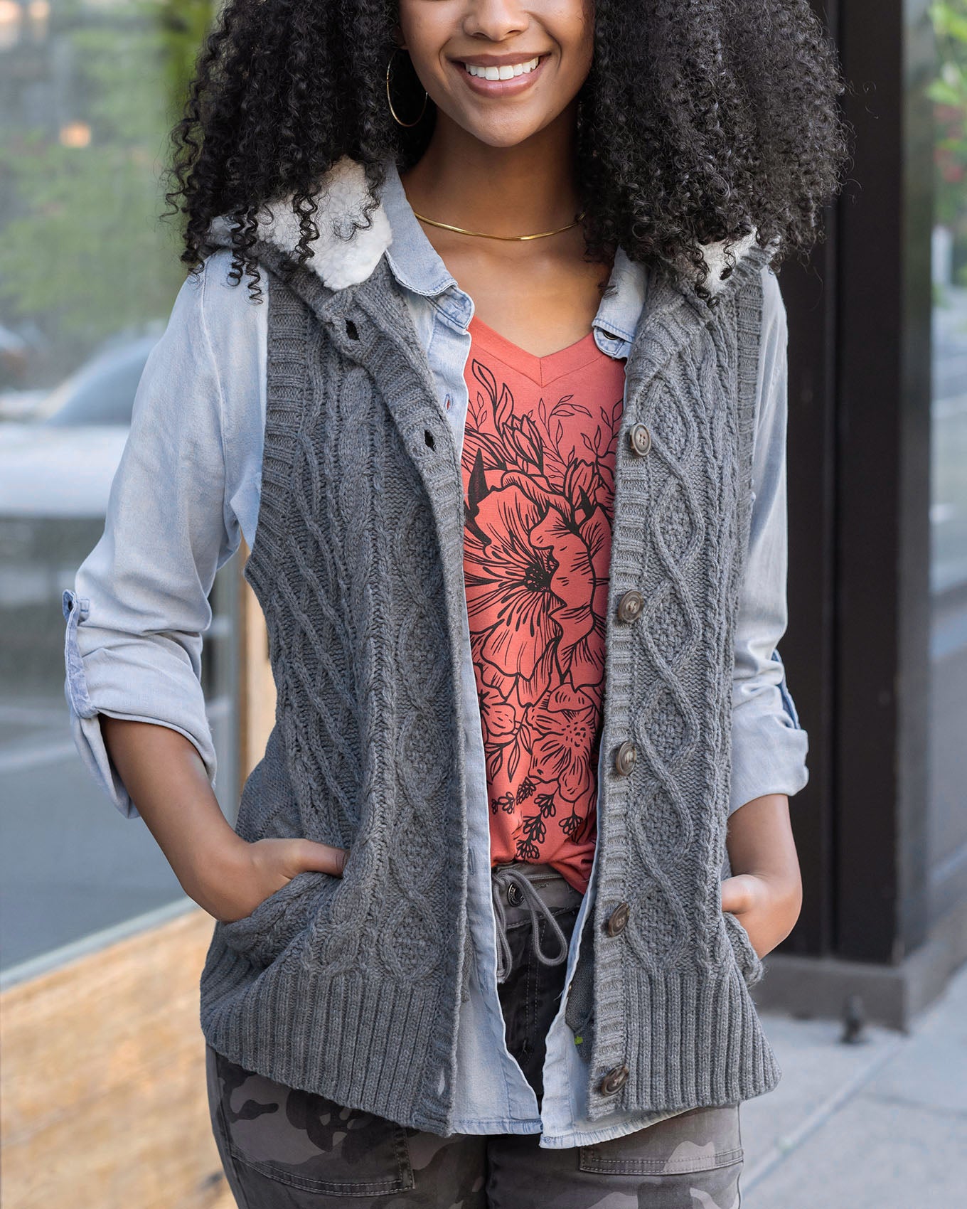 front view charcoal hooded cable knit vest