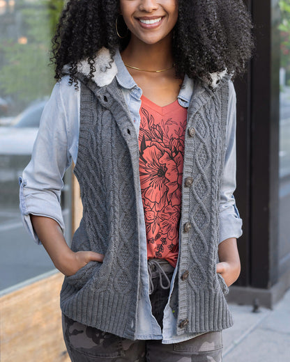 front view charcoal hooded cable knit vest