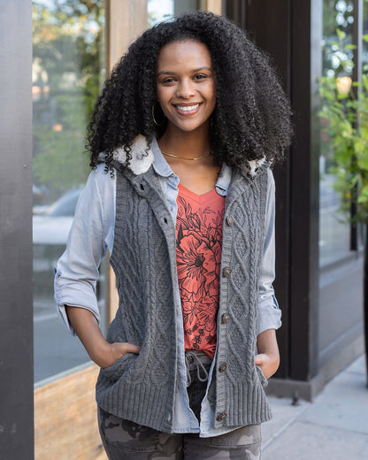 close up view charcoal hooded cable knit vest