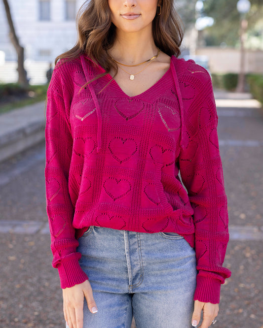 front view of heart pointelle sweater