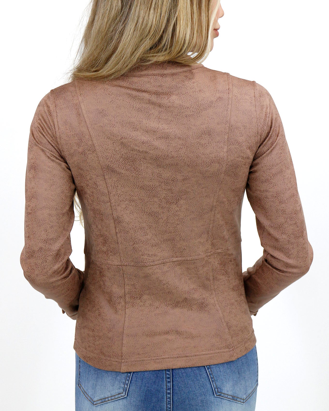 back view stock shot of taupe leather like cafe racer jacket