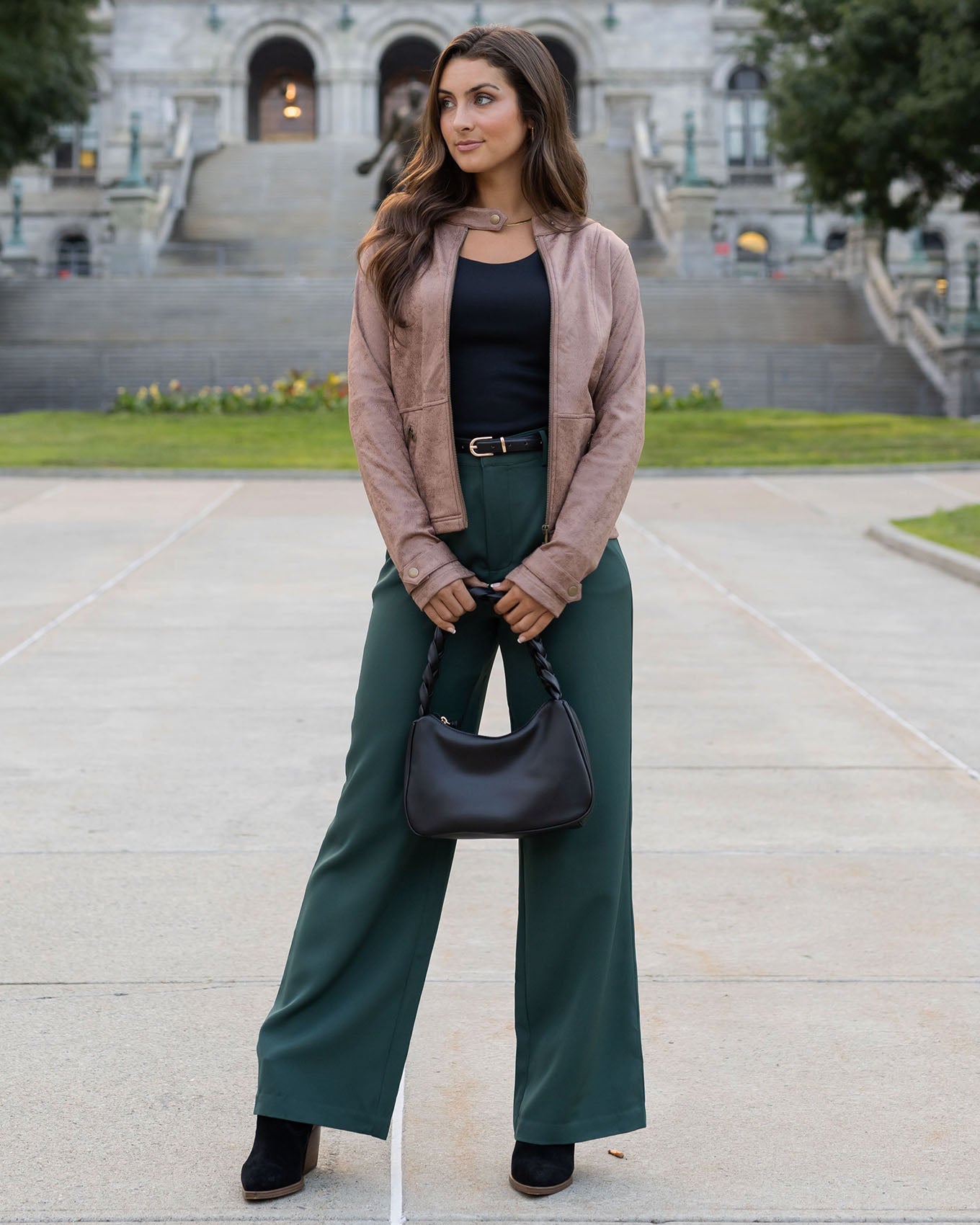 Leather Like Cafe Racer Jacket in Dark Green - Grace and Lace