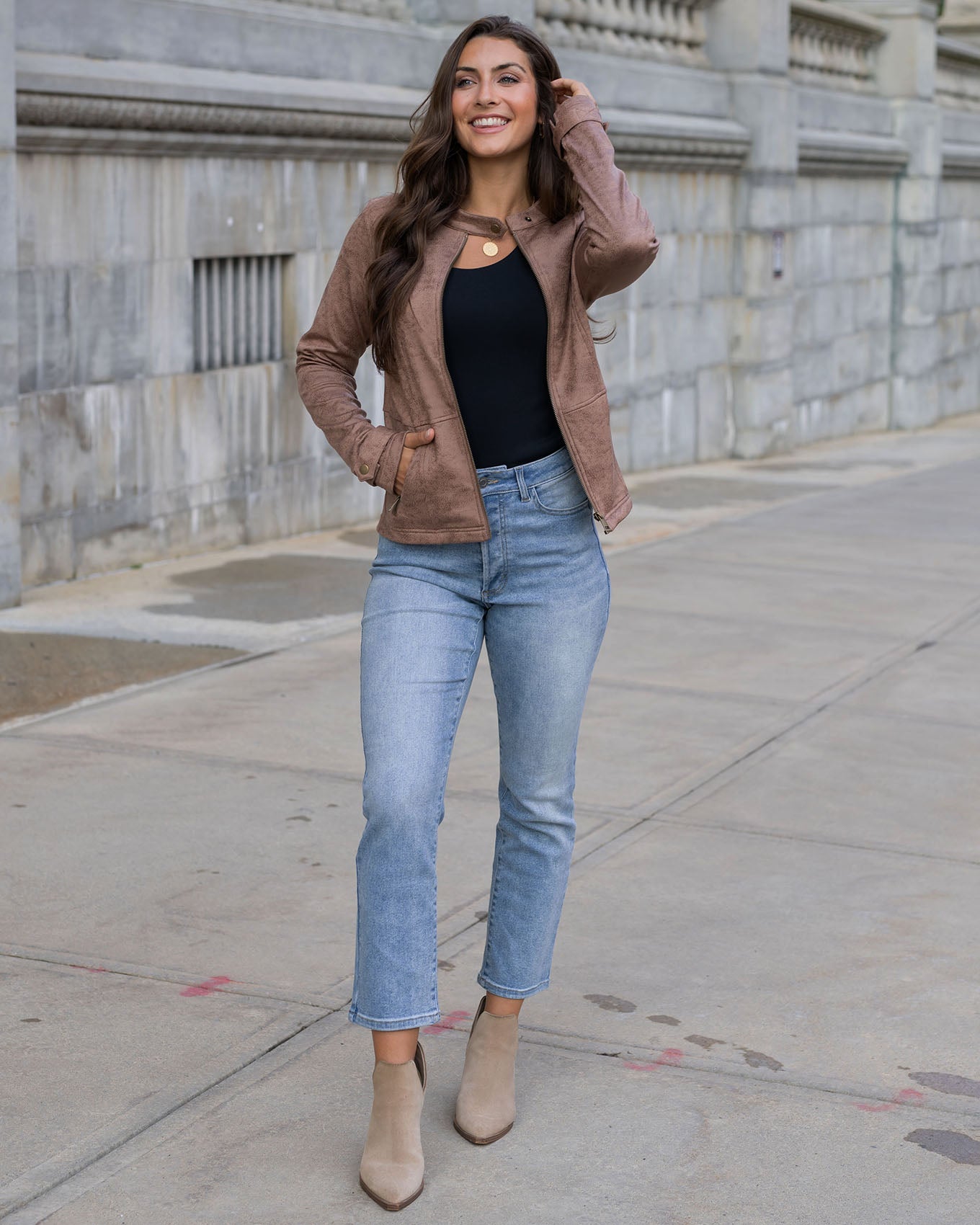 full body view of taupe leather like cafe racer jacket