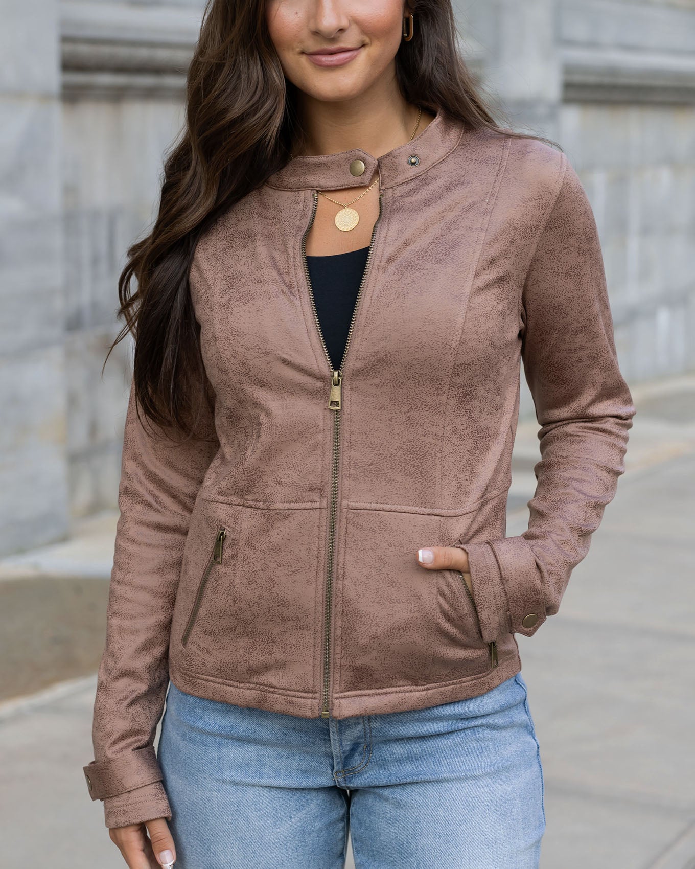 Leather Like Cafe Racer Jacket in Taupe Grace and Lace