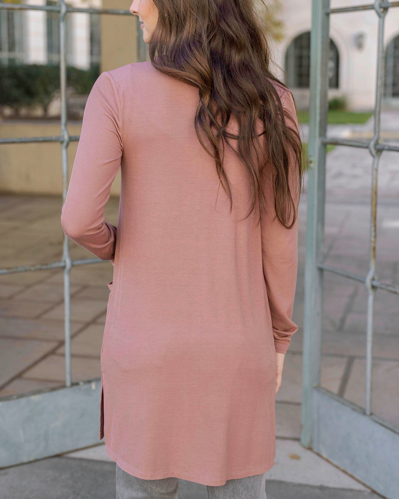 Back view of Clay Rose Lightweight Ribbed Cardigan
