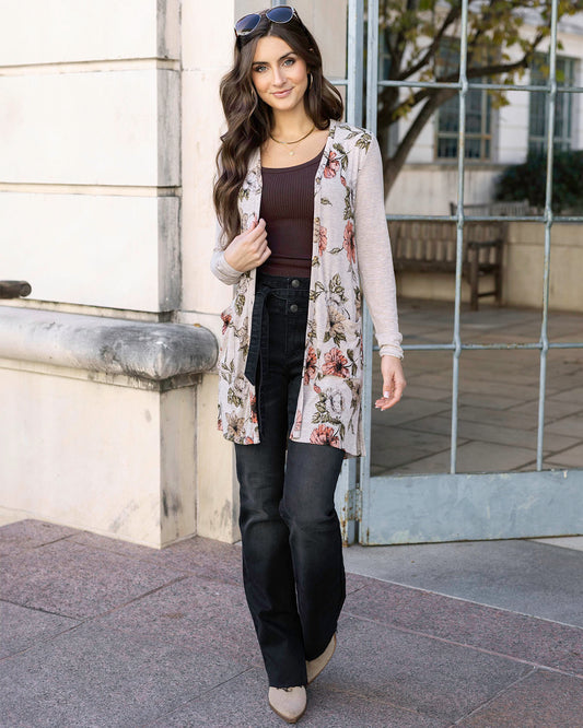 Front view of Floral Lightweight Ribbed Cardigan