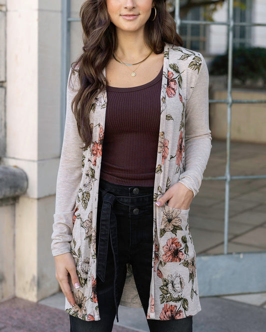 Front view of Floral Lightweight Ribbed Cardigan