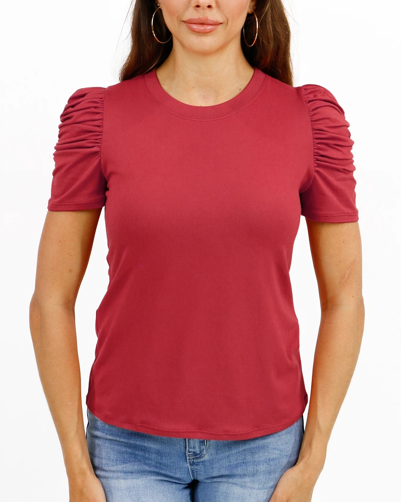 Front view ruched top in desert clay