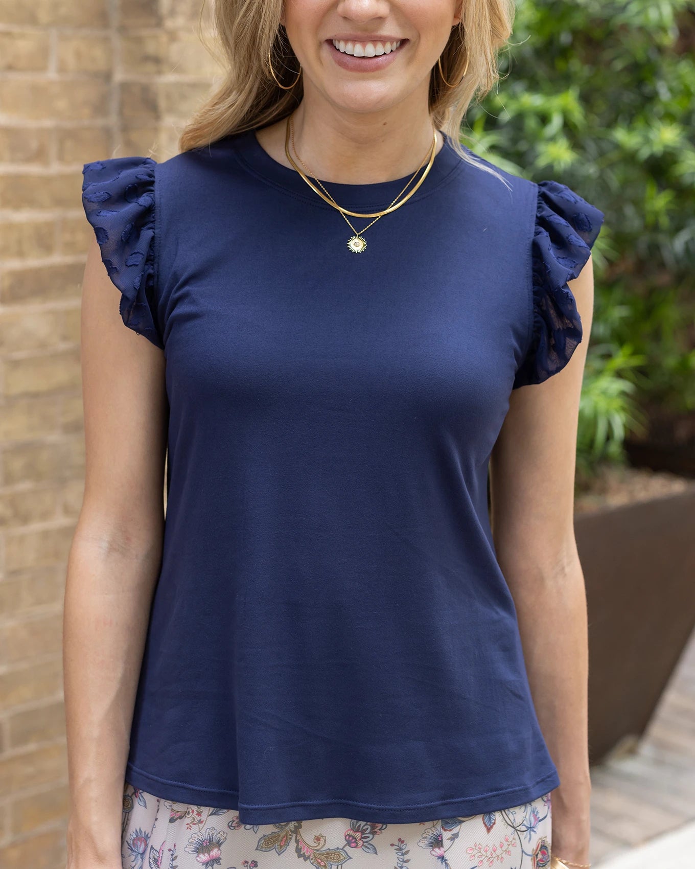 Live-In Navy Ruffle Sleeve Top