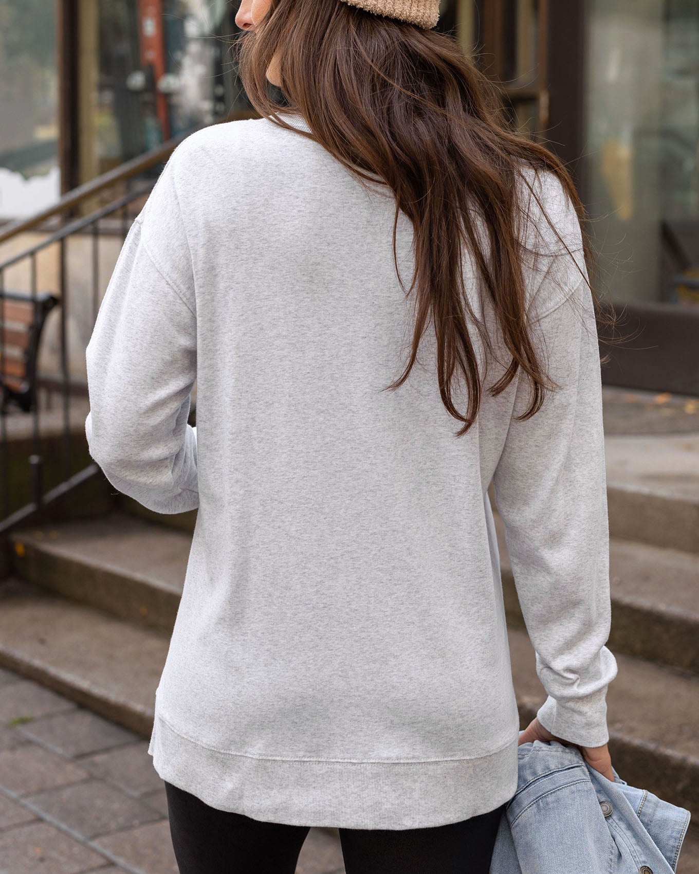 back view of grey long sleeve tee