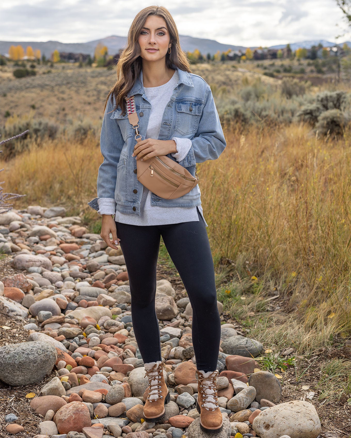 full body styled view of grey long sleeve tee