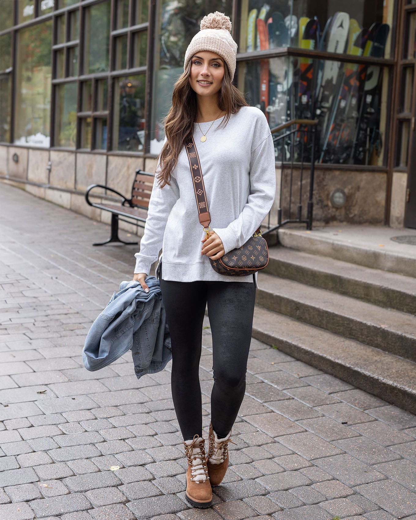 full body view of grey long sleeve tee