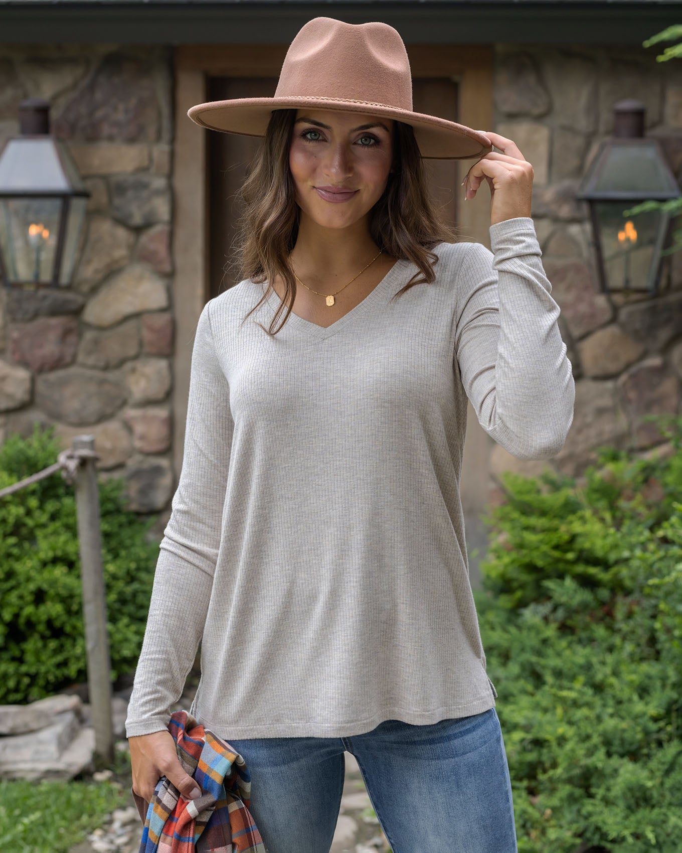 close up view of ribbed long sleeve top in heathered oatmeal