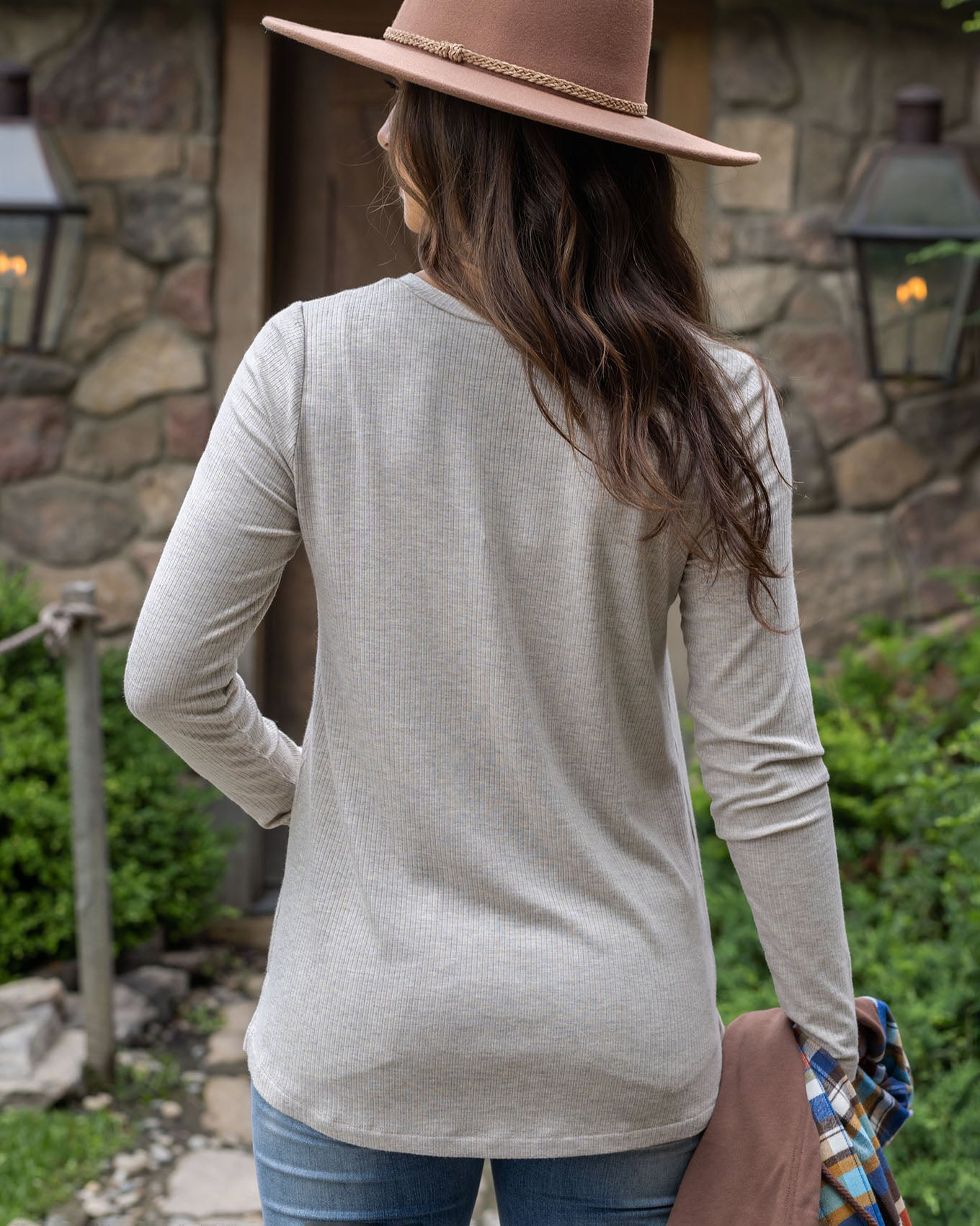 back view of ribbed long sleeve top in heathered oatmeal