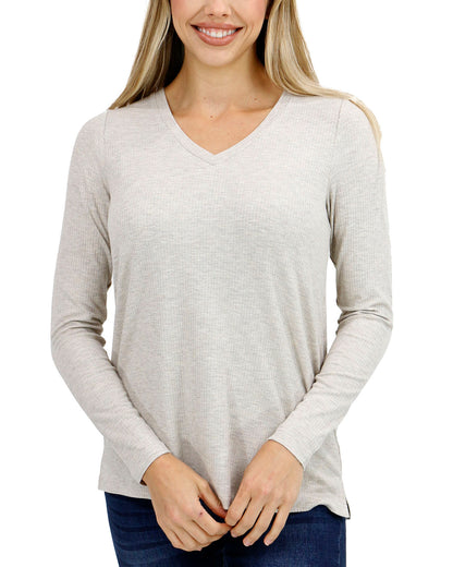 front view stock shot of ribbed long sleeve top in heathered oatmeal