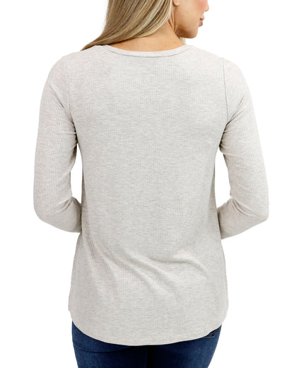 back view stock shot of ribbed long sleeve top in heathered oatmeal