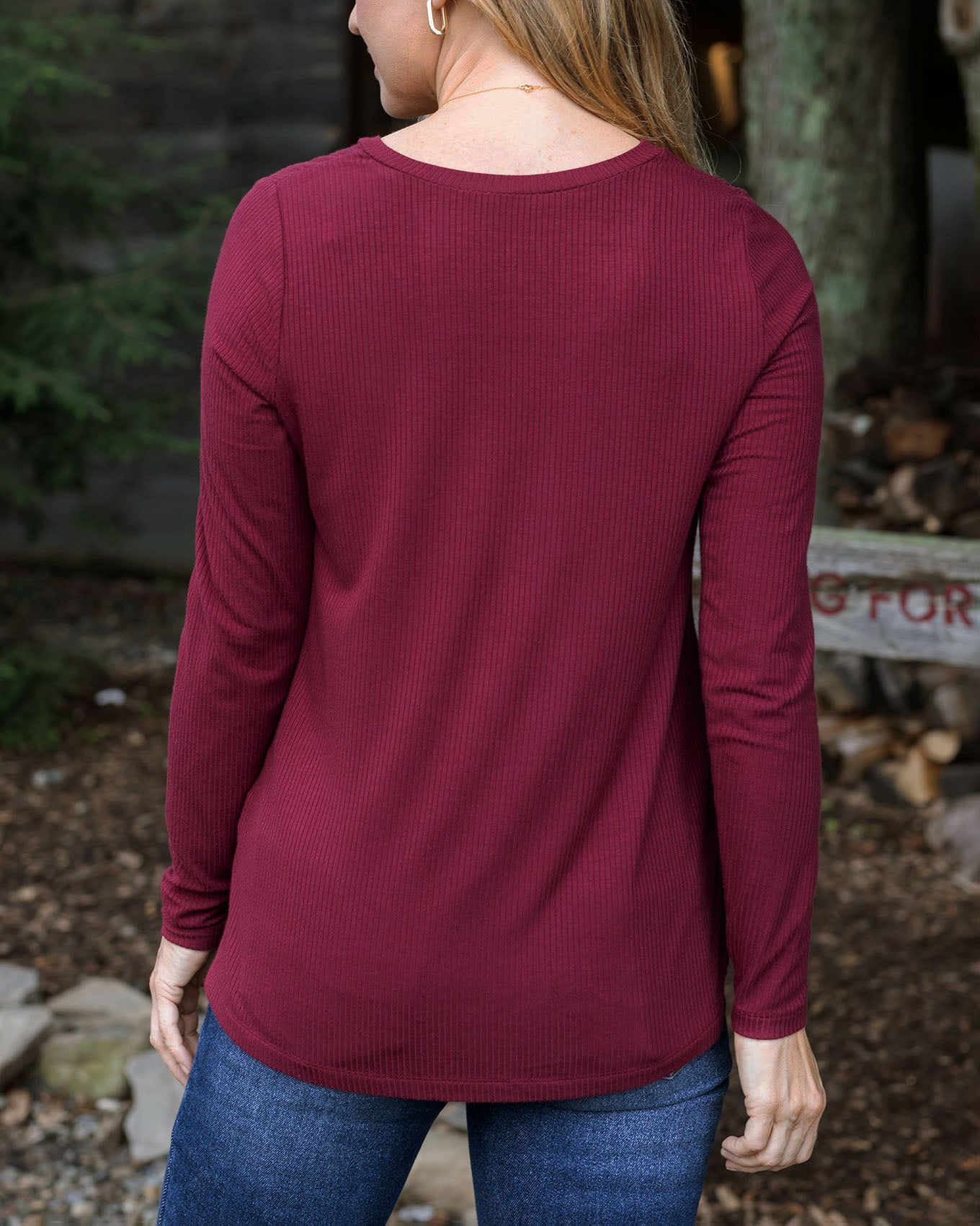 back view of ribbed long sleeve top in wine