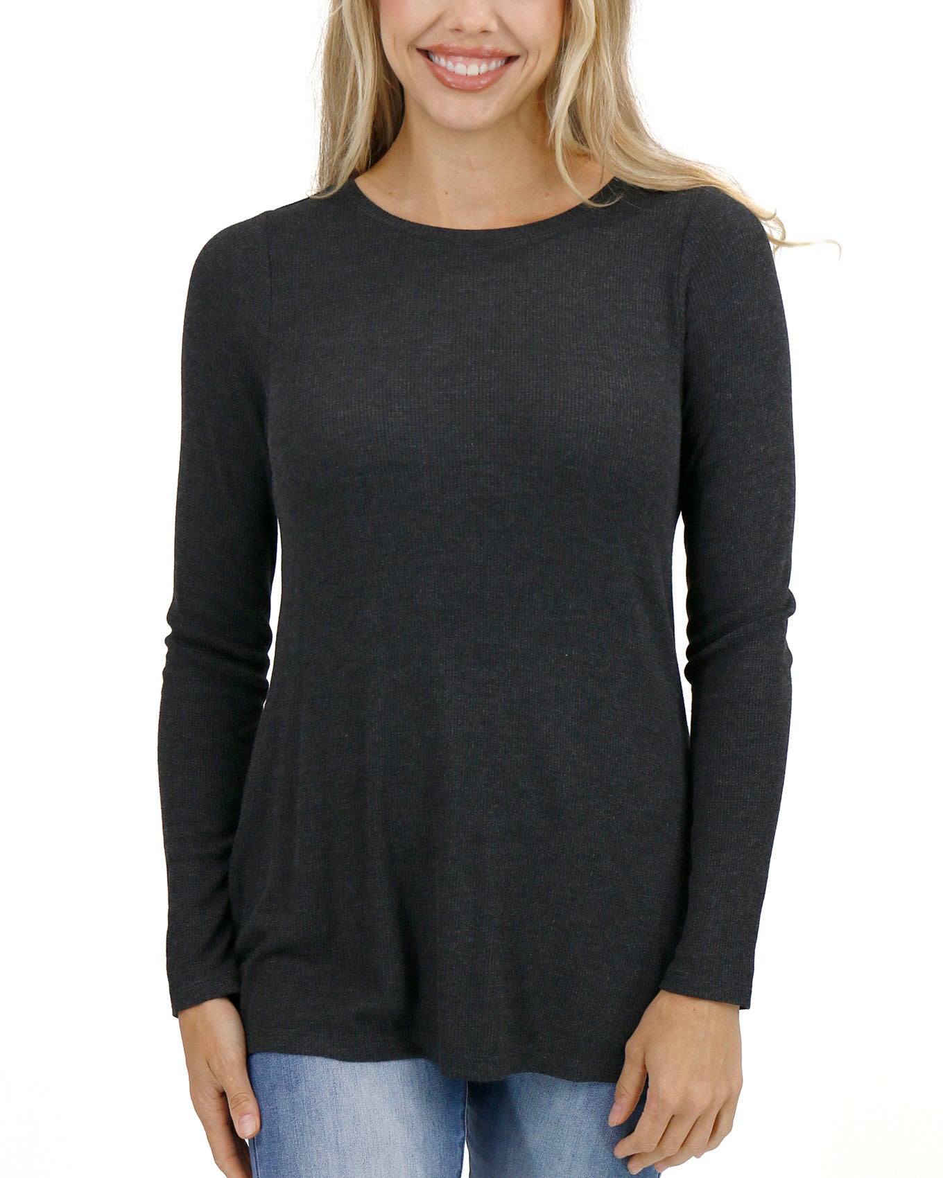 front view stock shot of charcoal long sleeve tunic tee