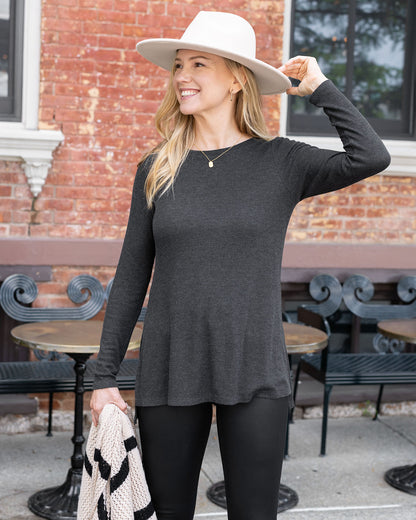 styled view of charcoal long sleeve tunic tee