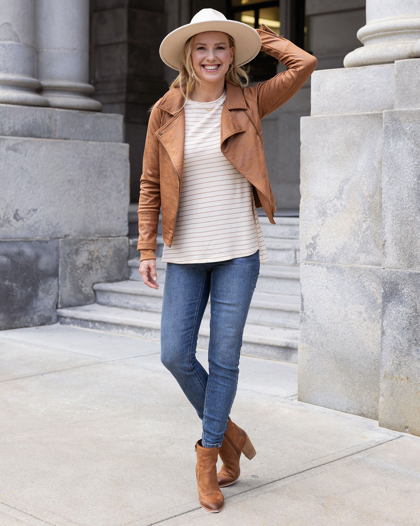 styled view of natural stripe long sleeve tunic tee