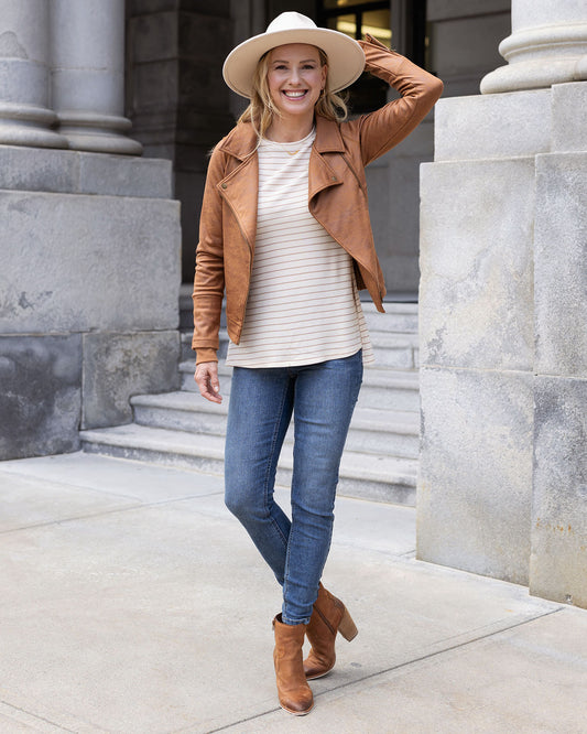 front view of natural stripe long sleeve tunic tee