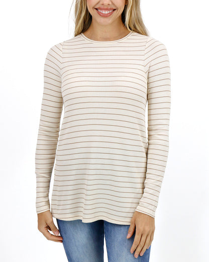 front view stock shot of natural stripe long sleeve tunic tee
