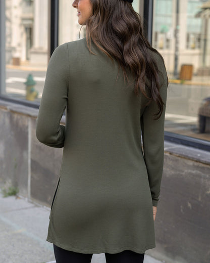back view of olive long sleeve tunic tee