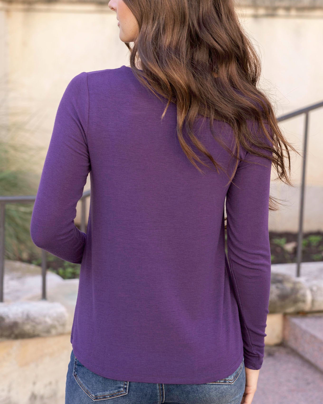 Back view of Mystic Purple Long Sleeve Twist Front Top